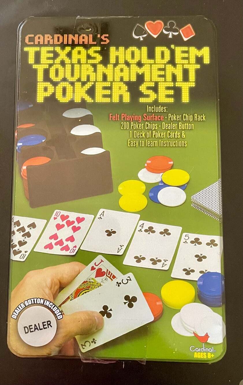 Cardinal Texas Hold’em Tournament Poker Set In Metal Tin Missing Some Chips